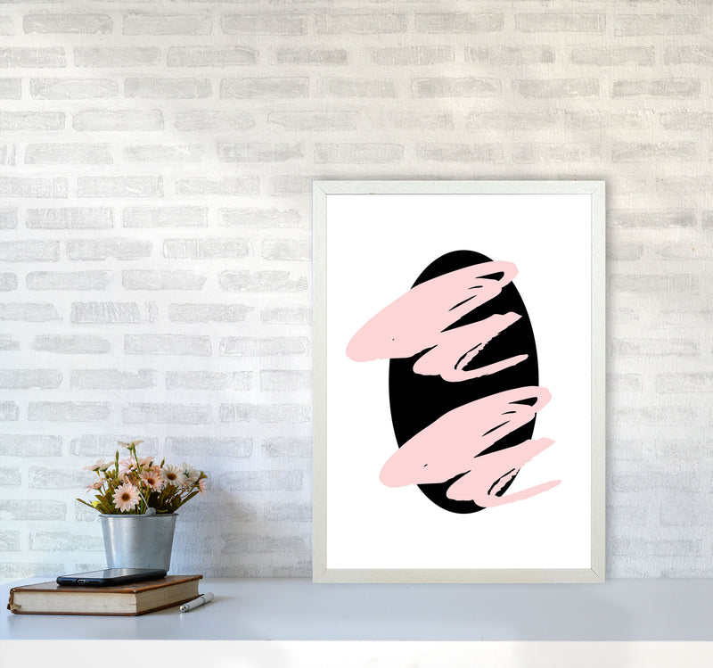Abstract Black Oval With Pink Strokes Modern Art Print A2 Oak Frame