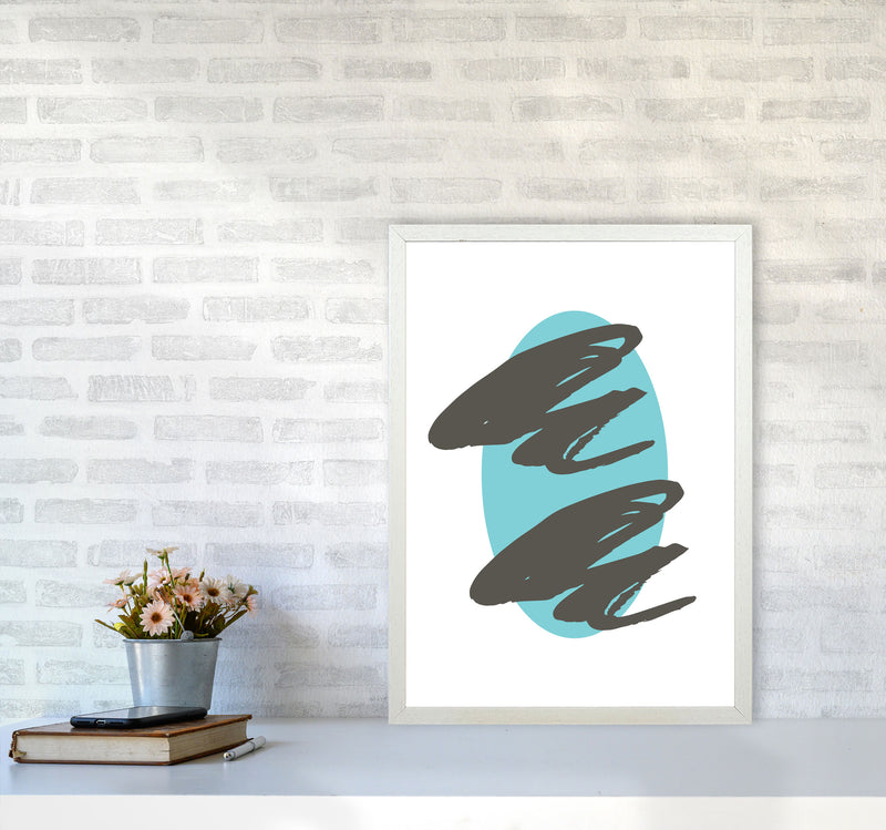 Abstract Teal Oval With Brown Strokes Modern Print A2 Oak Frame