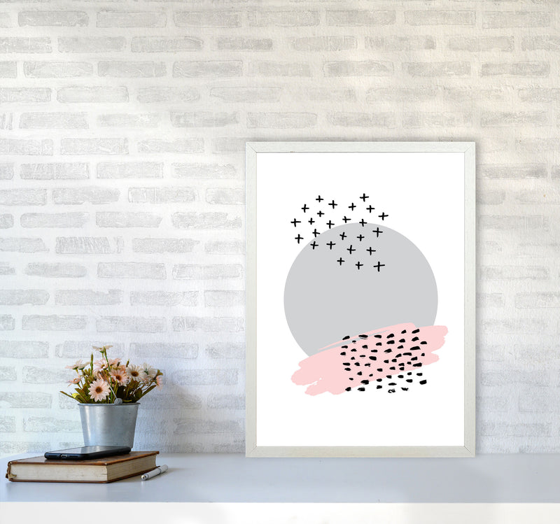 Abstract Grey Circle With Pink And Black Dashes Modern Print A2 Oak Frame