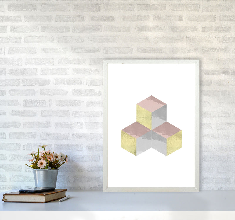Gold, Pink And Grey Abstract Cubes Modern Print A2 Oak Frame
