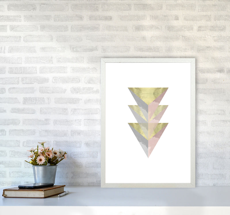 Gold, Pink And Grey Abstract Triangles Modern Print A2 Oak Frame