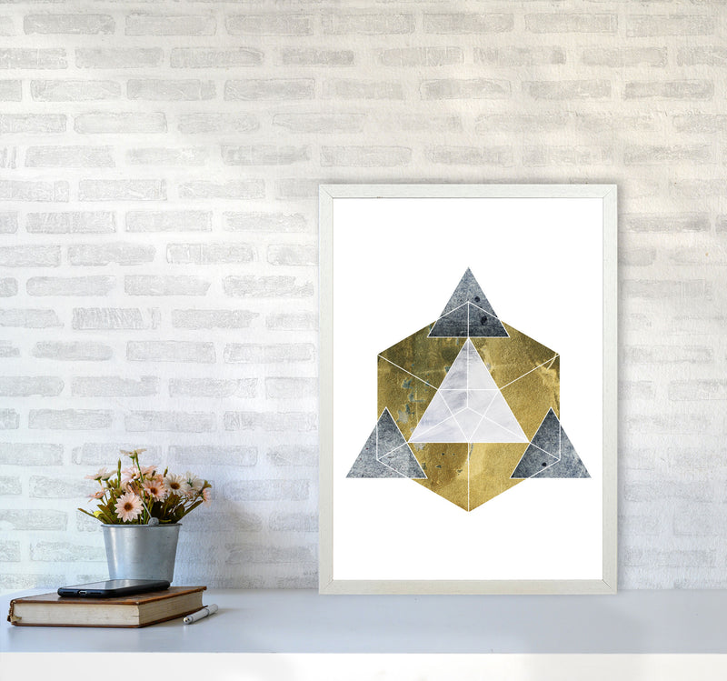 Gold Cube And Grey Geo Abstract Modern Print A2 Oak Frame