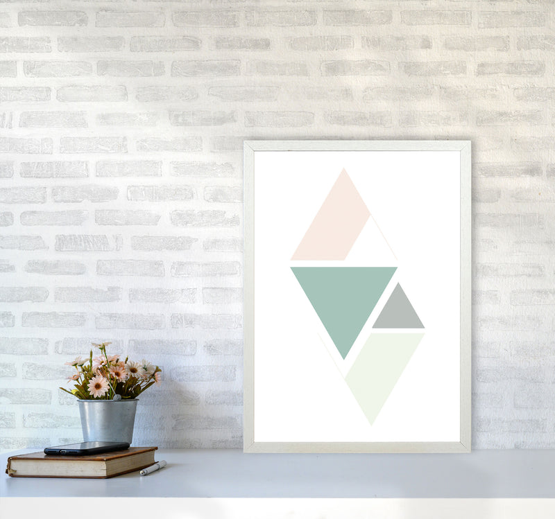 Peach, Green And Grey Abstract Triangles Modern Print A2 Oak Frame