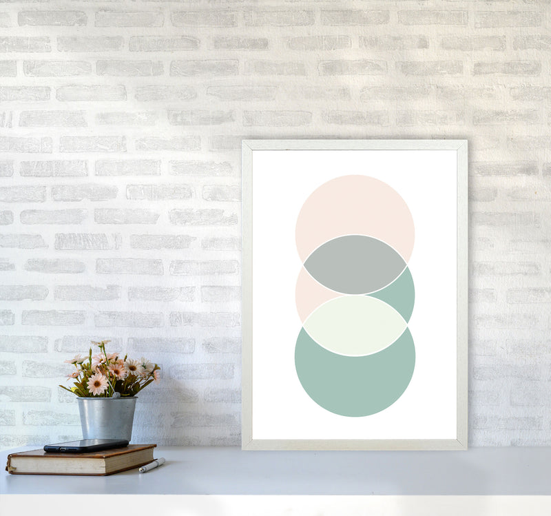 Peach, Green And Grey Abstract Circles Modern Print A2 Oak Frame