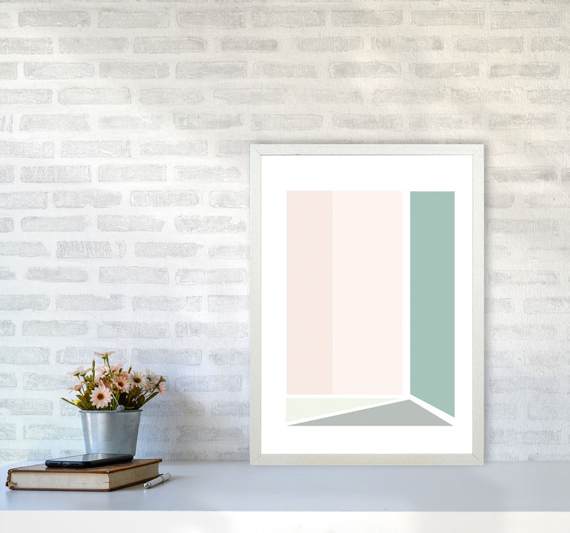 Peach, Green And Grey Abstract Rectangle Modern Print A2 Oak Frame