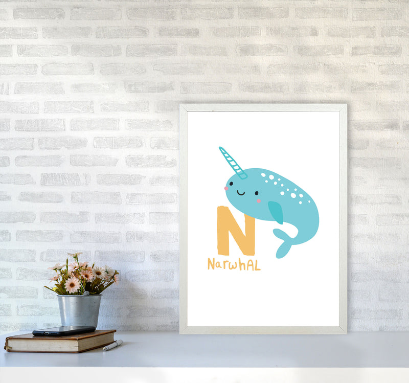 Alphabet Animals, N Is For Narwhal Framed Nursey Wall Art Print A2 Oak Frame