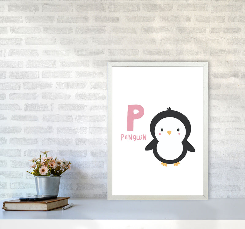 Alphabet Animals, P Is For Penguin Framed Nursey Wall Art Print A2 Oak Frame