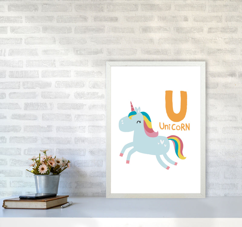 Alphabet Animals, U Is For Unicorn Framed Nursey Wall Art Print A2 Oak Frame