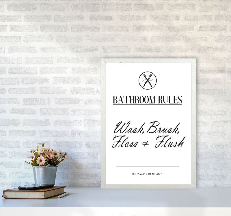 Bathroom Rules Modern Print, Framed Bathroom Wall Art A2 Oak Frame