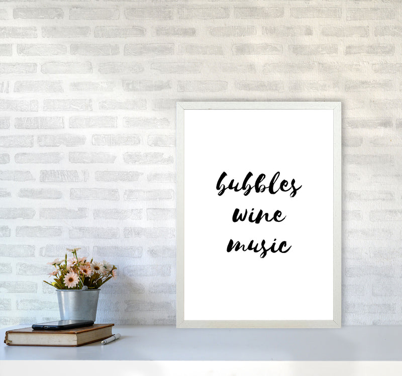Bubbles Wine Music, Bathroom Framed Typography Wall Art Print A2 Oak Frame