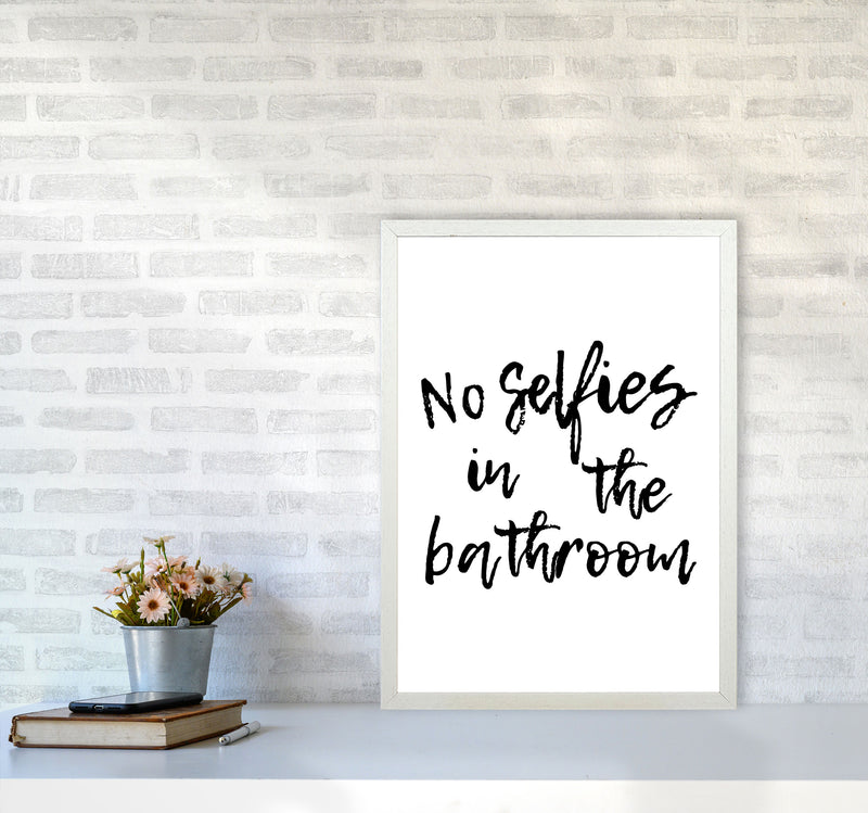 No Selfies, Bathroom Modern Print, Framed Bathroom Wall Art A2 Oak Frame