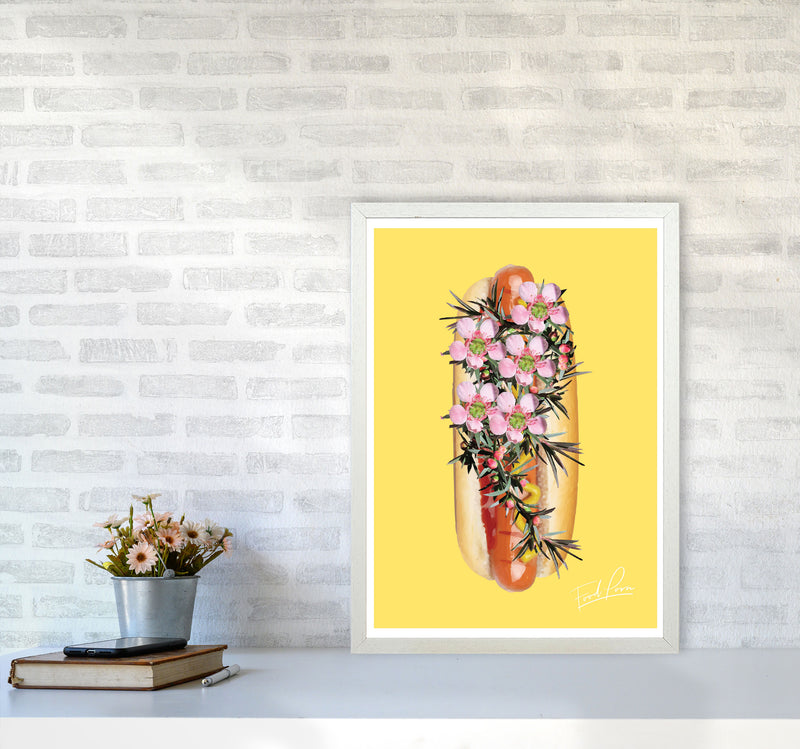 Yellow Hot Dog Food Print, Framed Kitchen Wall Art A2 Oak Frame