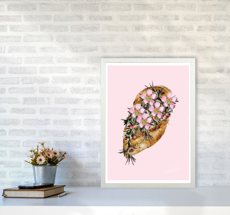Pink Chicken Floral Food Print, Framed Kitchen Wall Art A2 Oak Frame