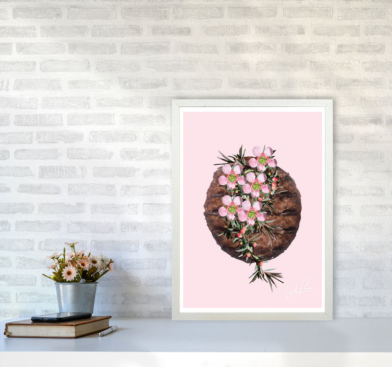 Pink Burger Floral Food Print, Framed Kitchen Wall Art A2 Oak Frame