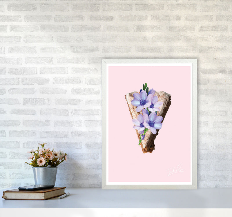Pink Coffee Cake Floral Food Print, Framed Kitchen Wall Art A2 Oak Frame