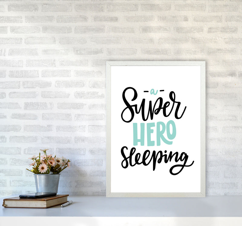 Superhero Sleeping Mint And Black Framed Nursey Wall Art Print A2 Oak Frame