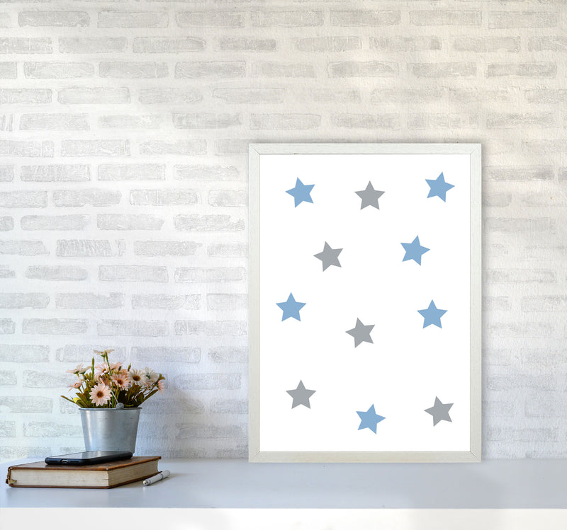 Blue And Grey Stars Framed Nursey Wall Art Print A2 Oak Frame