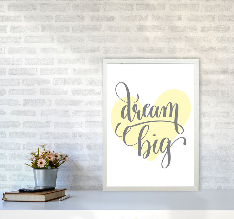 Dream Big Yellow Heart Framed Nursey Wall Art Print A2 Oak Frame