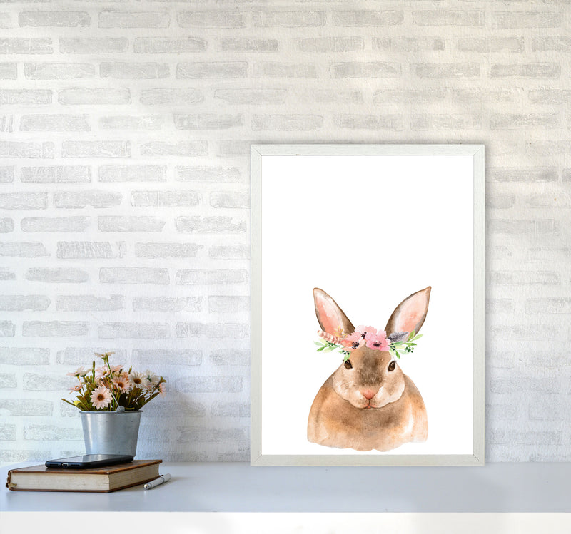 Forest Friends, Floral Cute Bunny Modern Print Animal Art Print A2 Oak Frame