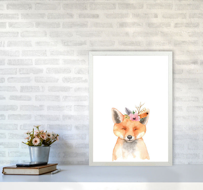 Forest Friends, Floral Cute Fox Modern Print Animal Art Print A2 Oak Frame