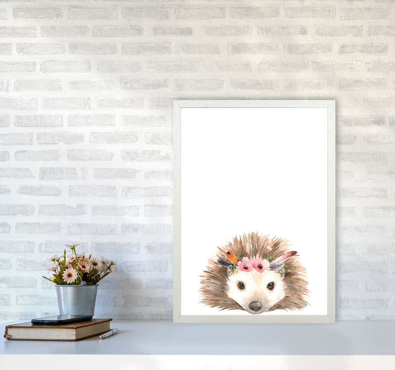 Forest Friends, Floral Cute Hedgehog Modern Print Animal Art Print A2 Oak Frame