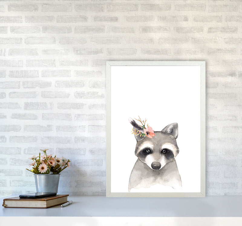 Forest Friends, Floral Cute Raccoon Modern Print Animal Art Print A2 Oak Frame