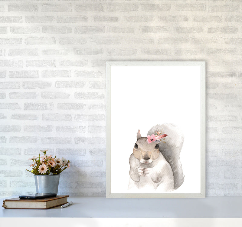 Forest Friends, Floral Cute Squirrel Modern Print Animal Art Print A2 Oak Frame