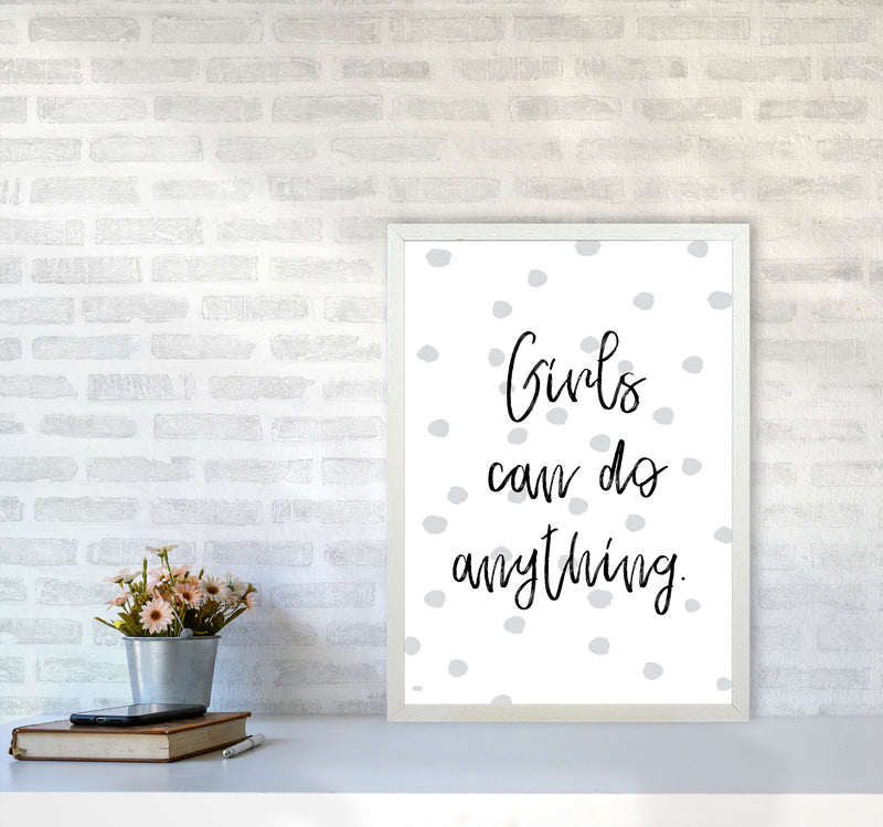 Girls Can Do Anything Grey Polka Dots Framed Typography Wall Art Print A2 Oak Frame