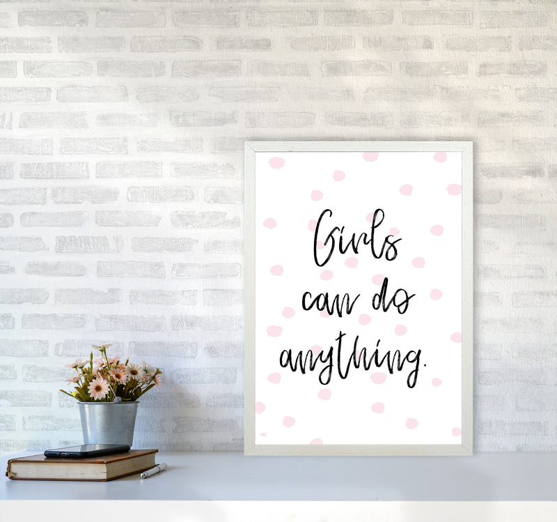 Girls Can Do Anything Pink Polka Dots Framed Typography Wall Art Print A2 Oak Frame