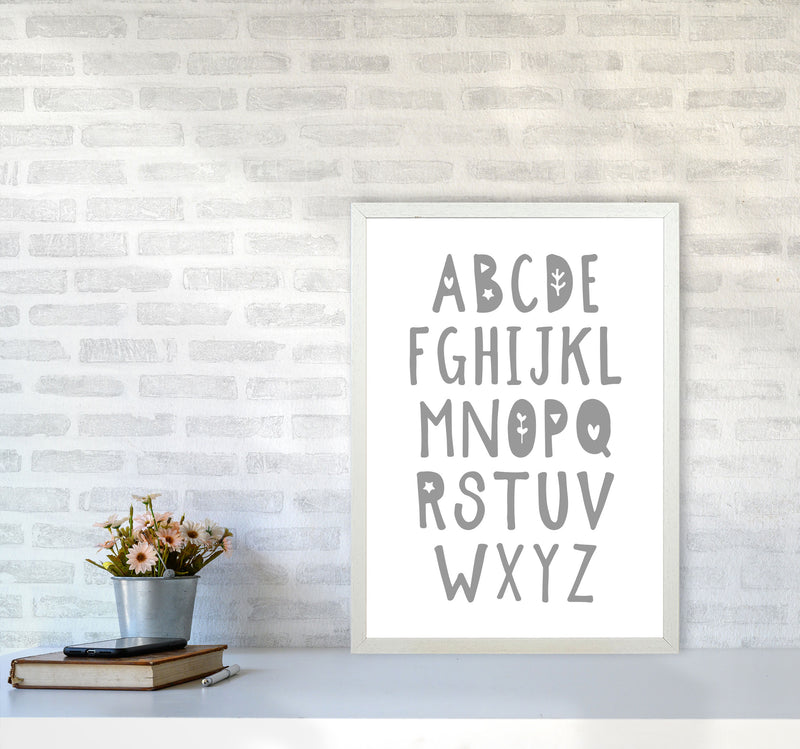Grey Alphabet Framed Nursey Wall Art Print A2 Oak Frame