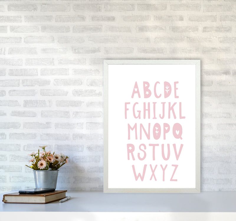 Baby Pink Alphabet Framed Nursey Wall Art Print A2 Oak Frame