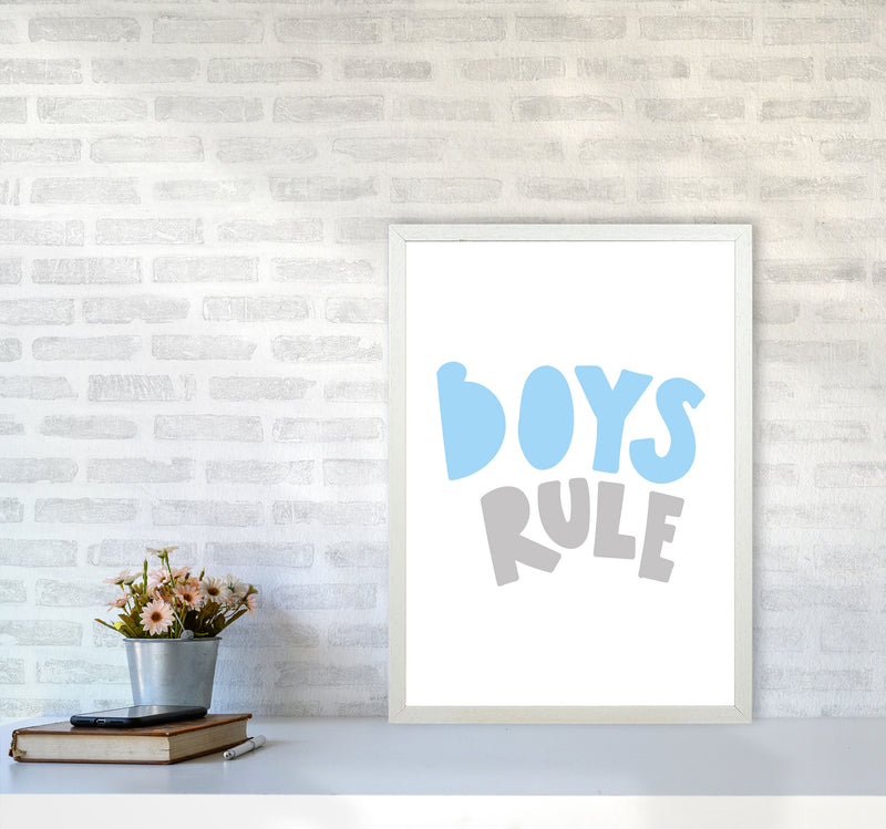 Boys Rule Grey And Light Blue Framed Typography Wall Art Print A2 Oak Frame