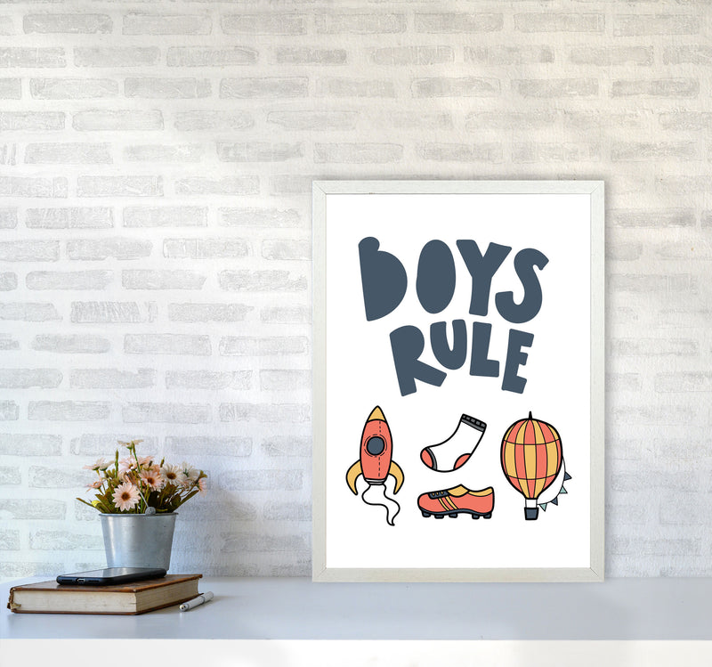Boys Rule Illustrations Framed Nursey Wall Art Print A2 Oak Frame