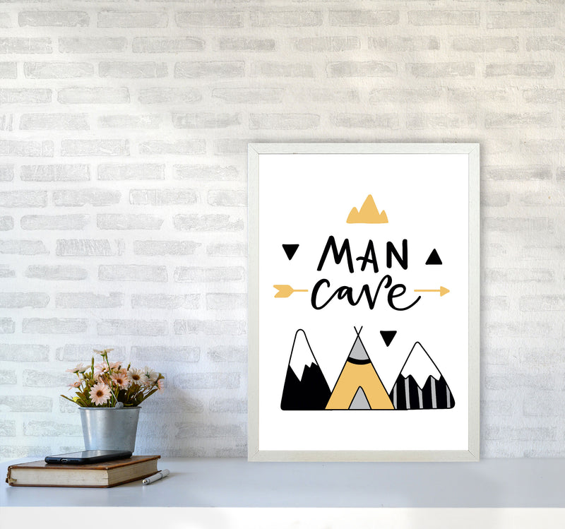 Man Cave Mountains Mustard And Black Framed Typography Wall Art Print A2 Oak Frame