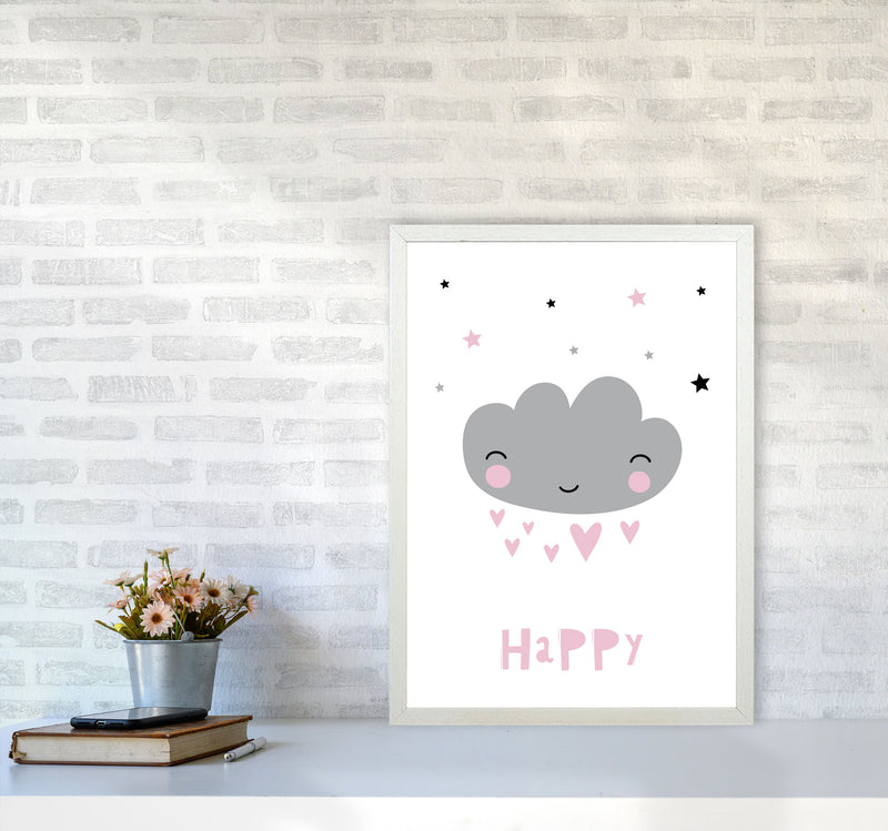 Happy Cloud Framed Nursey Wall Art Print A2 Oak Frame