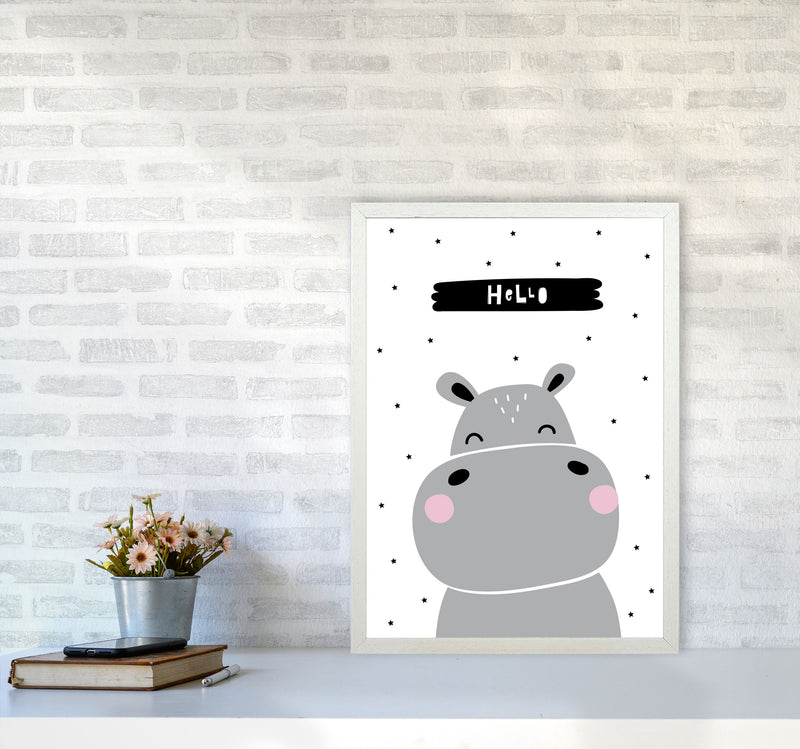 Hello Hippo Modern Print Animal Art Print A2 Oak Frame