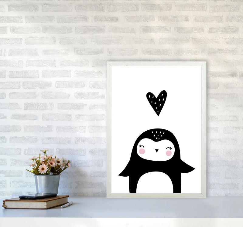 Penguin And Heart Modern Print Animal Art Print A2 Oak Frame