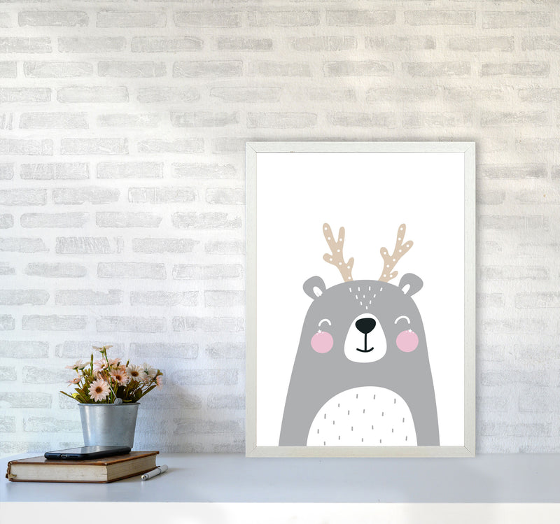 Grey Bear With Antlers Modern Print Animal Art Print A2 Oak Frame
