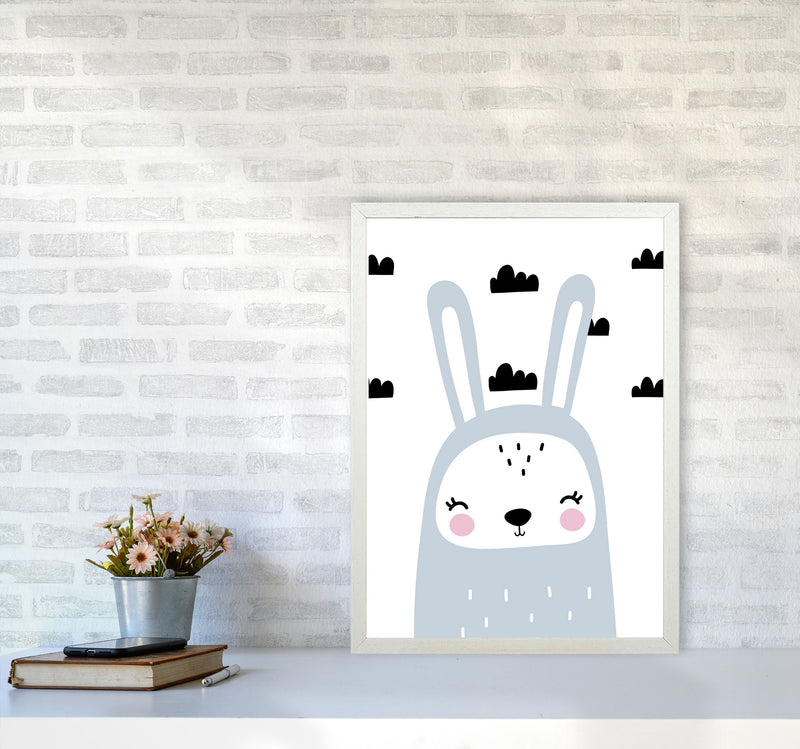 Blue Scandi Bunny With Clouds Modern Print Animal Art Print A2 Oak Frame