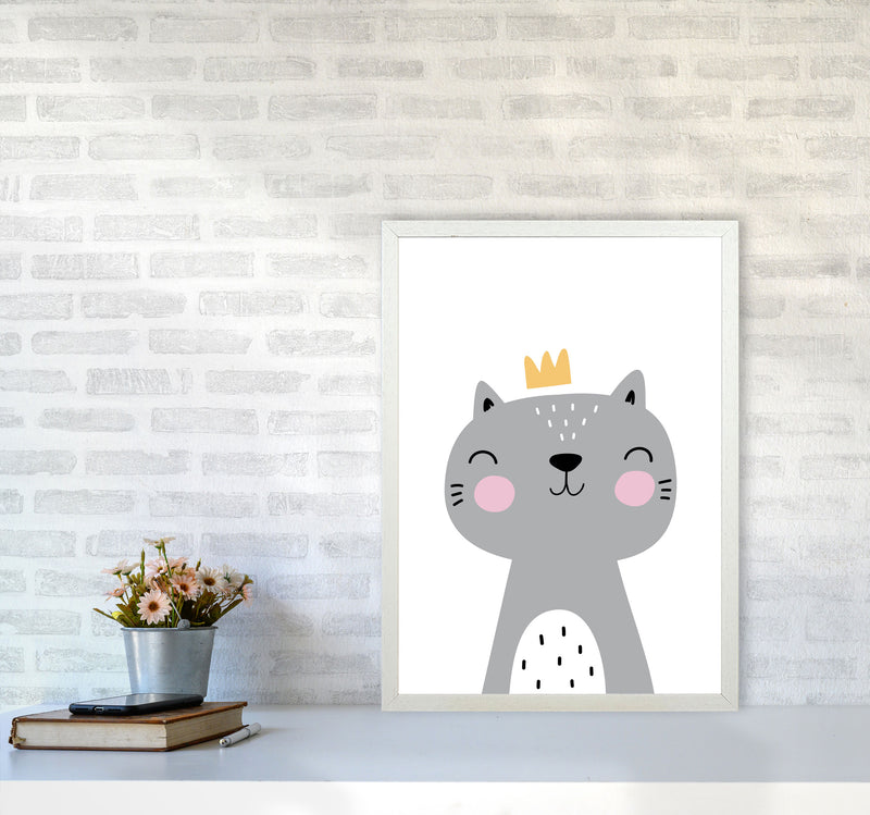 Grey Scandi Cat With Crown Modern Print Animal Art Print A2 Oak Frame