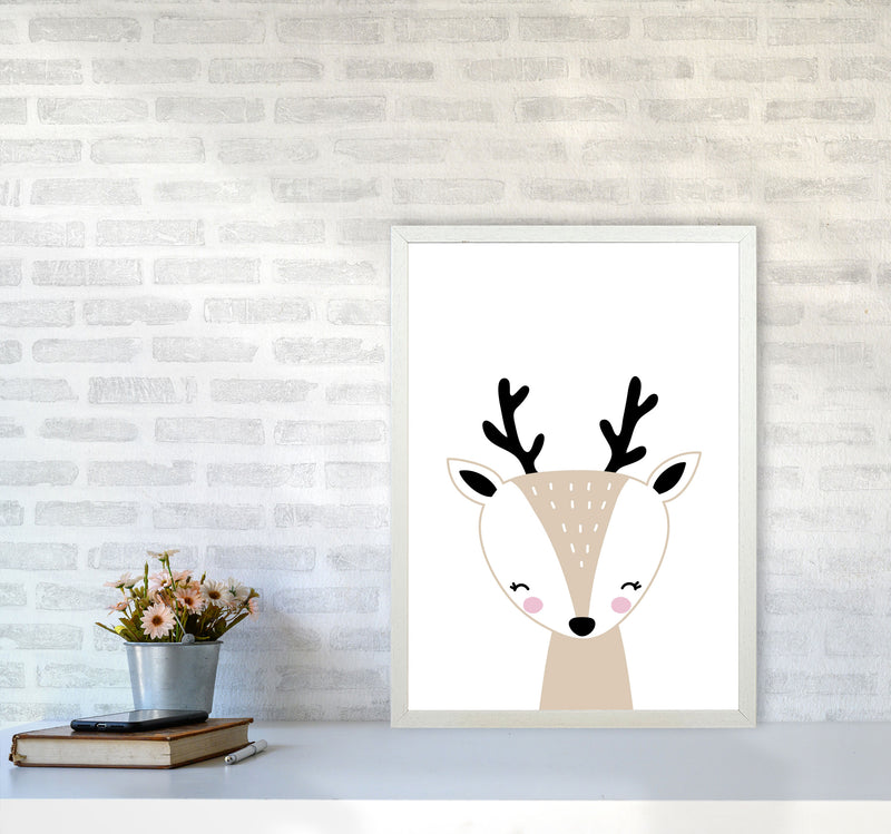 Scandi Beige Deer Framed Nursey Wall Art Print A2 Oak Frame