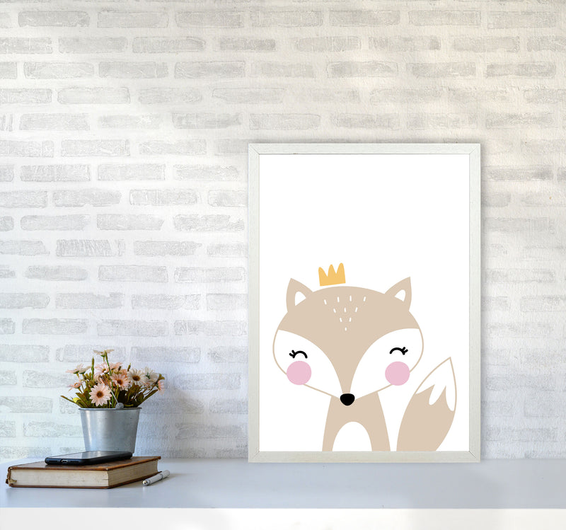 Scandi Beige Fox With Crown Framed Nursey Wall Art Print A2 Oak Frame