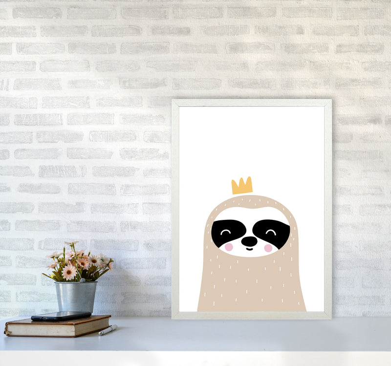 Scandi Sloth With Crown Framed Nursey Wall Art Print A2 Oak Frame