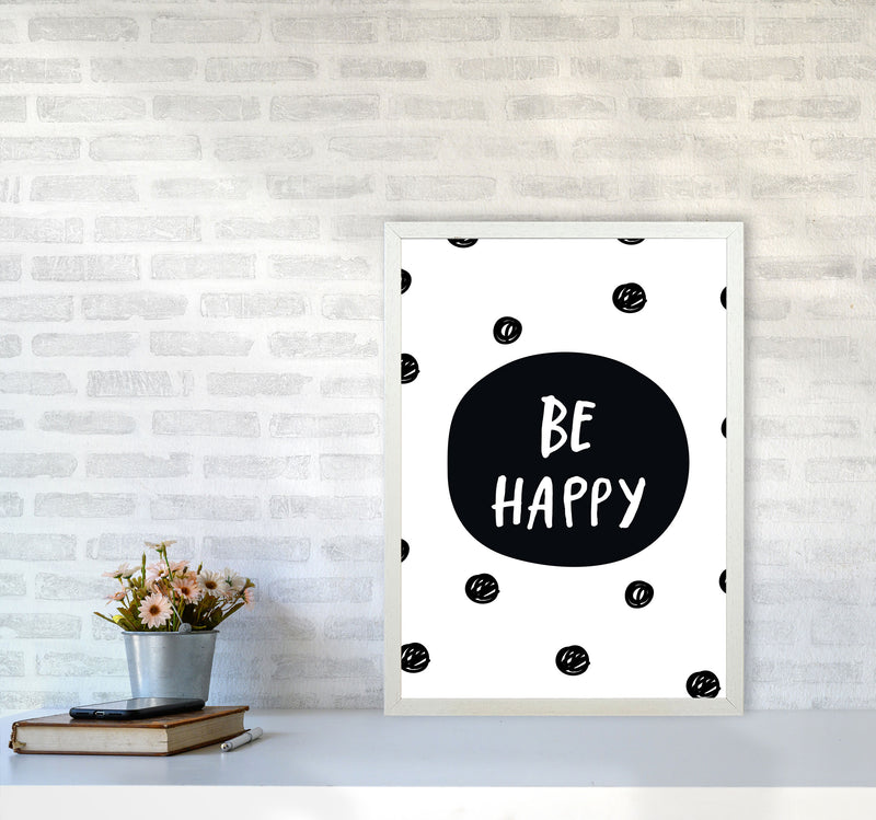 Be Happy Polka Dot Framed Typography Wall Art Print A2 Oak Frame
