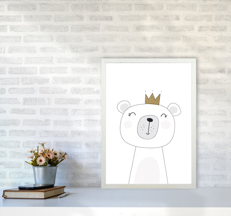 Scandi Cute Bear With Crown Framed Nursey Wall Art Print A2 Oak Frame
