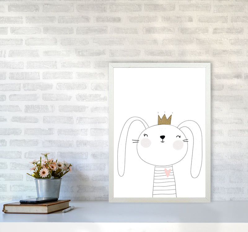 Scandi Cute Bunny With Crown Framed Nursey Wall Art Print A2 Oak Frame