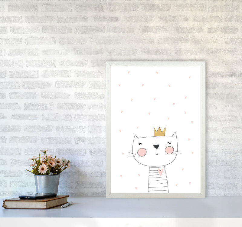 Scandi Cute Cat With Crown And Stars Framed Nursey Wall Art Print A2 Oak Frame