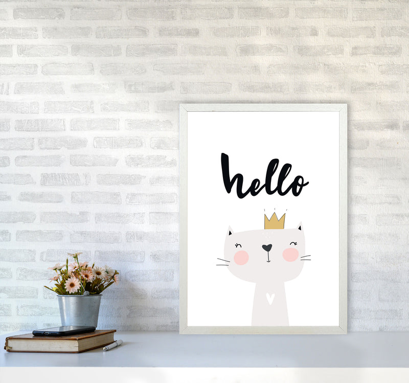 Hello Scandi Cat Modern Print Animal Art Print A2 Oak Frame