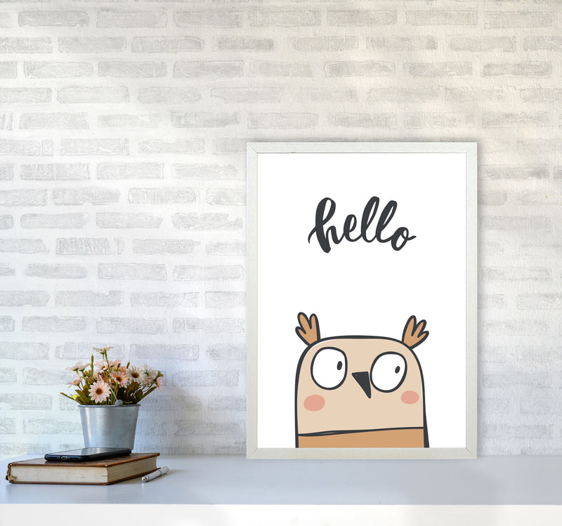 Hello Owl Modern Print Animal Art Print A2 Oak Frame