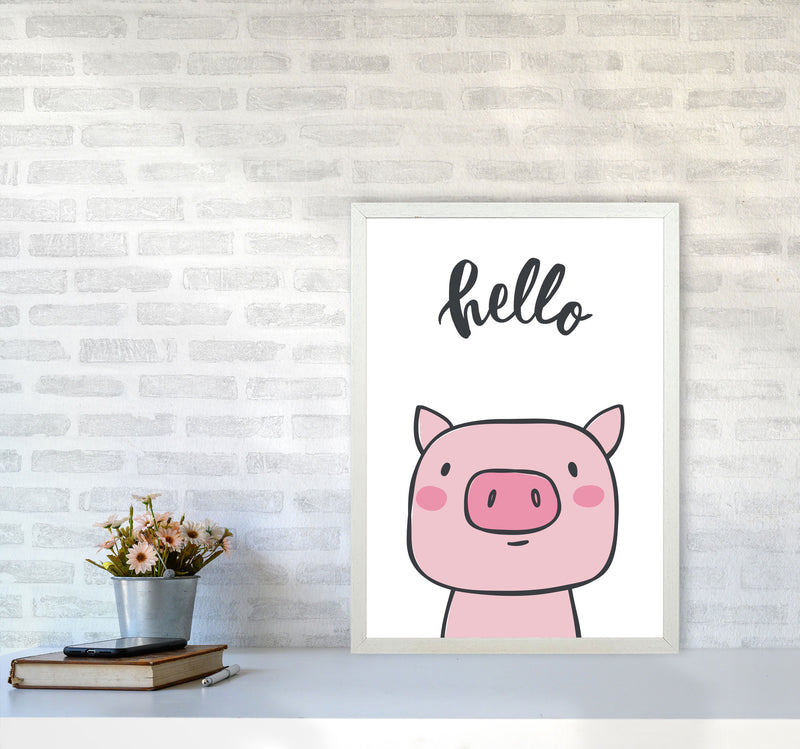 Hello Pig Modern Print Animal Art Print A2 Oak Frame